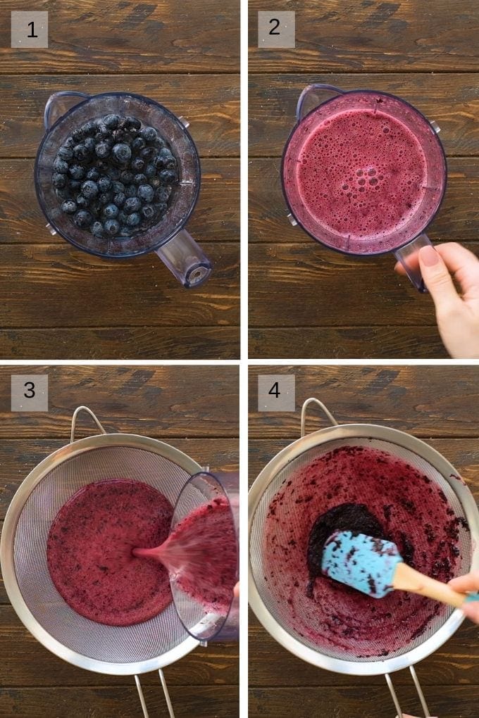 blueberry-puree-Collage.jpg|Collage of four images showing how to blend blueberries, strain them for blueberry lemonade