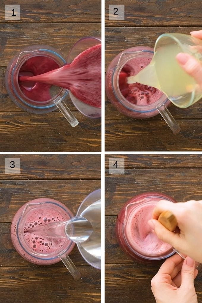 mixing-blueberry-lemonade-Collage.jpg|Collage of four images showing how to mix blueberry puree, juiced lemons and water in pitcher